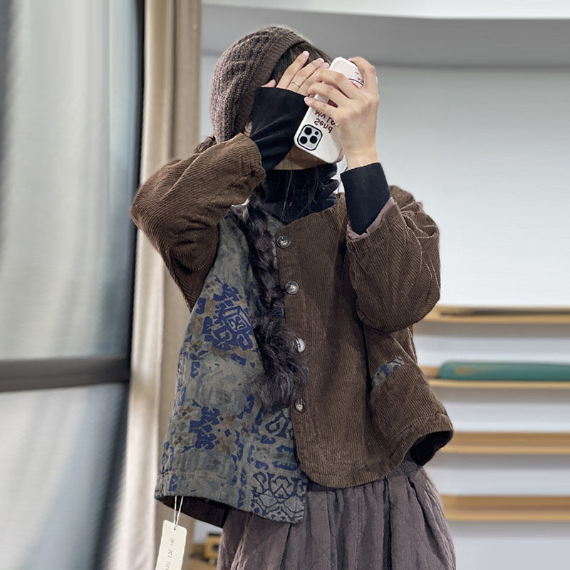 Retro Contrast Color Cotton Coat Jacket Women