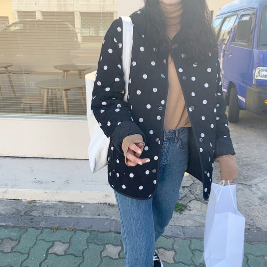 Polka Dot Round Neck Loose Double Pocket Quilted Jacket